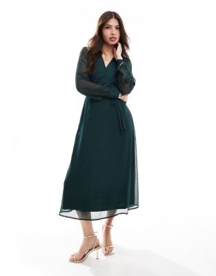 Vila long sleeve V-neck midi dress in dark green Vila