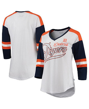 Женская бело-темно-синяя футболка Detroit Tigers Base Runner с рукавами 3/4 и v-образным вырезом Touch