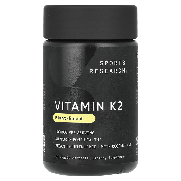 Vitamin K2, Plant-Based, 100 mcg, 60 Veggie Softgels (Мягкие капсулы на растительной основе) Sports Research