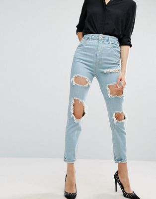 ASOS FARLEIGH High Waist Slim Mom Jeans In Eternal Chalky Light Stonewash with Extreme Rips ASOS DESIGN