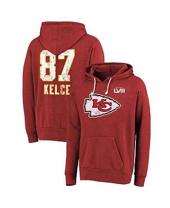 Мужские нитки Travis Kelce Red Distressed Kansas City Chiefs Super Bowl LVIII Имя и номер игрока пуловер с капюшоном из трех смесей Majestic