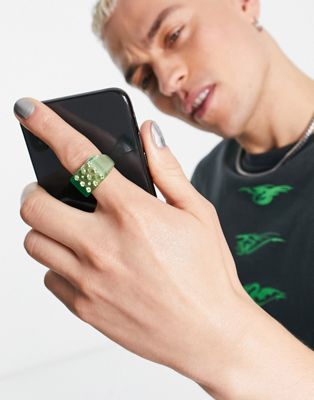 Зеленое пластиковое кольцо с печаткой и кристаллами ASOS DESIGN ASOS DESIGN