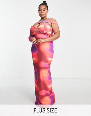 Розовое платье макси с асимметричными рукавами и абстрактным принтом Simmi Plus one Simmi London Plus