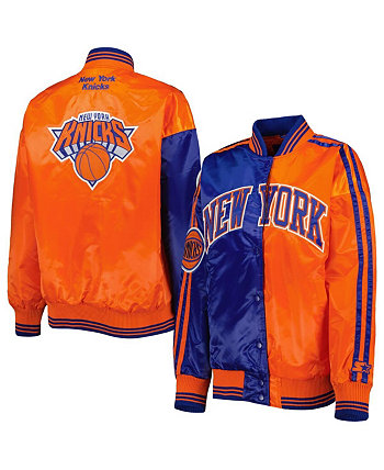 Женская синяя, оранжевая университетская куртка New York Knicks из атласа с цветными блоками и длинными кнопками Starter