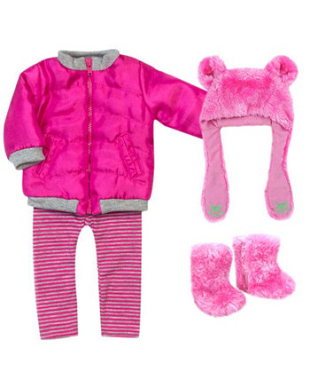 - 18" Doll - Fuchsia Bear Paw Hat, Nylon Jacket, Stripe Leggings Boots Set, 4 Piece Teamson Kids