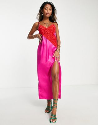 Розовое платье-комбинация в стиле колор-блок с контрастным кружевом Topshop TOPSHOP