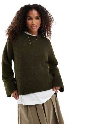 ASOS DESIGN wool blend fluffy wide sleeve knitted sweater in forest green Asos Design