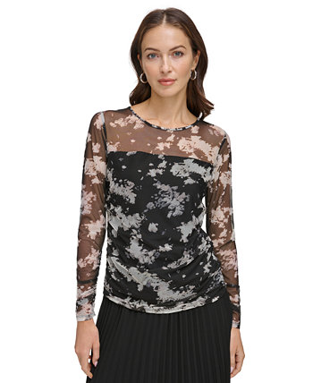 Women's Printed Mesh Ruched Long-Sleeve Top DKNY