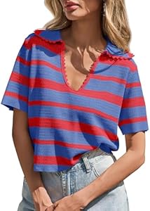 Saodimallsu Womens Cropped Striped Sweater Top Summer Short Sleeve V Neck Collared Going Out Trendy Loose Polo Shirt Saodimallsu