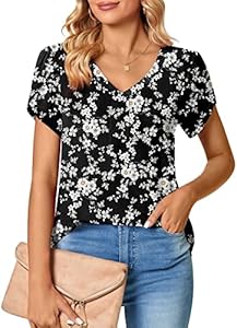 Bestbee Women's Short Sleeve Tops 2025 Summer Casual T-Shirts Loose Fit Blouses Petal V Neck Shirts Bestbee