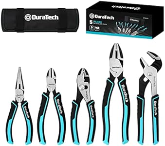 DURATECH 5-Piece Cr-Ni Pliers Set, 6" Long Nose Pliers, 6" Slip Joint Pliers, 6" Diagonal Cutting Pliers, 8" Linesman Pliers and 8" Groove Joint Pliers, Easy Storage with Oxford Rolling Pouch Duratech