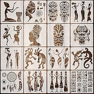 16 Pieces African Tribal Stencils Congo Mask Stencil Tribal Faces Stencil African Stencil Template Tribal Wall Painting Stencil and Metal Open Ring for Painting on Wood Wall Decor Zonon