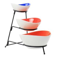 Gibson Home Crenshaw 4 Piece Hand Painted Stoneware 3-Tier Serving Bowl Set with Metal Rack Gibson Home