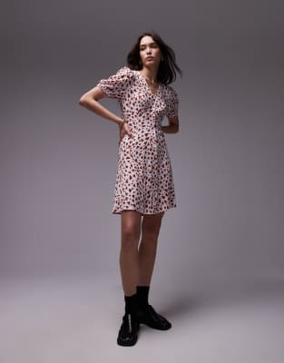 & Other Stories button through mini dress in red and pink hearts print & Other Stories