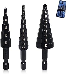 Step Drill Bit Set with 1/4 Inch Hex Shank Black Nitride Coated Cone Drill Bit Set Handy Woodworking Carpentry Tool with Storage Bag- (4-12mm/3-12mm/4-20mm) 3 pcs Atskonnen