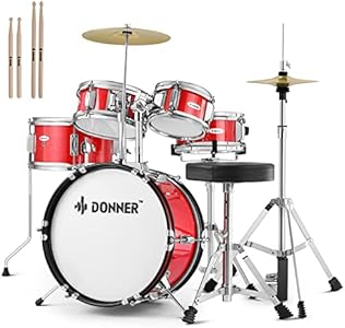 Kid Drum Sets-Donner 5-Piece for Beginners, 14 inch Full Size Complete Junior Drum Kit with Adjustable Throne, Cymbal, Hi-Hat, Pedal & Drumstick, Metallic Black Donner