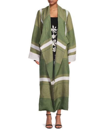 Оливковое удлиненное льняное кимоно в полоску Reclamos Del Mar JOHANNA ORTIZ