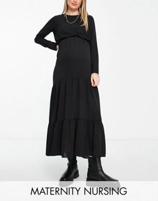 Черное ярусное платье миди с кулиской на талии ASOS DESIGN Maternity Nursing ASOS Maternity