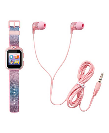 Детские смарт-часы с розово-голубым градиентом и блестящим силиконовым ремешком, сенсорным экраном, 42 мм, подарочный набор с наушниками Playzoom