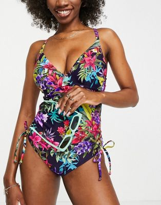 Figleaves rio underwired tummy control swimsuit in navy tropical Figleaves