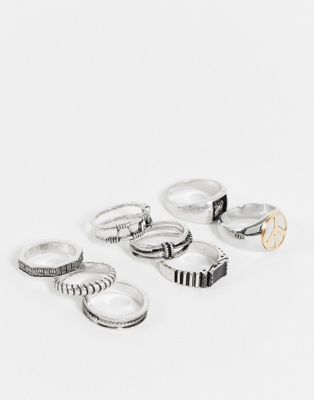 Комплект из 8 колец ASOS DESIGN из полированного серебра с тиснением и знаком мира ASOS DESIGN