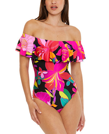Женский цельный купальник с открытыми плечами и рюшами с цветочным принтом Solar Trina Turk