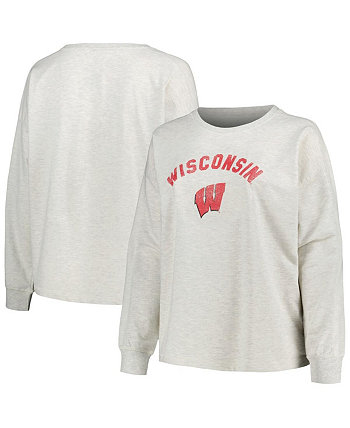 Women's Oatmeal Wisconsin Badgers Plus Size Distressed Arch Over Logo Neutral Boxy Pullover Sweatshirt Profile