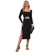 Women Long Sleeve Dress Knit Square Neck Slit Cutout Bodycon Fall Dresses Missky