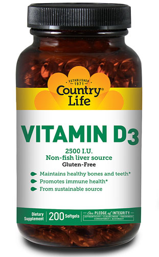 Витамин D3 - 2500 МЕ - 200 мягких капсул - Country Life Country Life