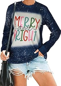 MOUSYA Christmas T-Shirt Women Merry Bright Colorful Letter Printed Sweatshirt Casual Long Sleeve Round Neck Pullover Tops MOUSYA