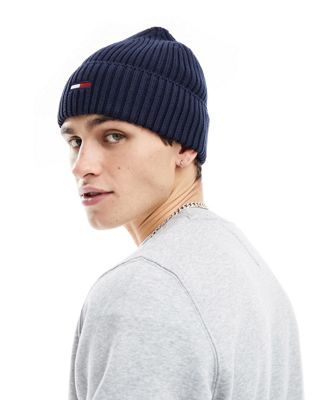 Tommy Jeans ribbed flag logo beanie in navy Tommy Jeans