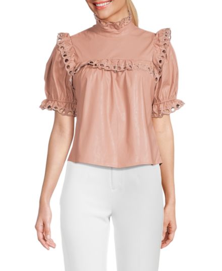 Eyelet Puff Sleeve Faux Leather Top STELLAH