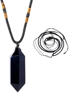 Runyangshi Black Obsidian Healing Crystal Pendants, Double Pointed Natural Crystal Quartz Necklace 6 Faceted Chakra Crystal Wand Stone Runyangshi