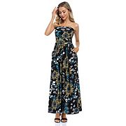 Women's Summer Bohemian Floral Printed Strapless Beach Party Long Maxi Dress Kojooin