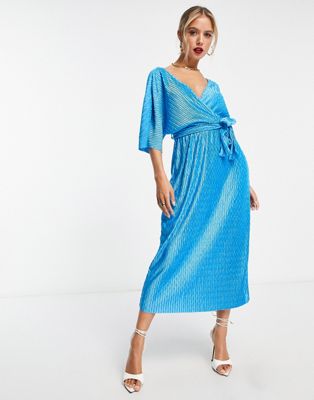Y.A.S plisse wrap midi dress in blue  Y.A.S