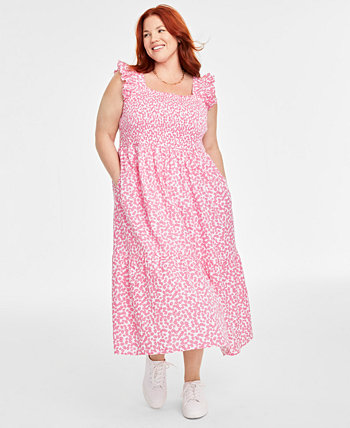 Хлопковое присборенное платье миди с веселым цветочным принтом больших размеров, созданное для Macy's On 34th