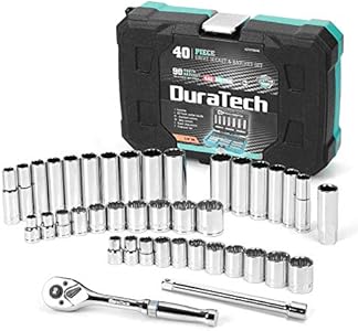 DURATECH 3/8" Drive Socket Set, 40 Piece Tool Set Including Standard (SAE) and Metric Sockets, 90-Tooth Ratchet Handle and Extension Bar DURATECH