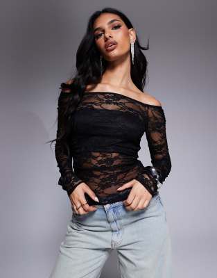 ASOS DESIGN gathered off the shoulder mesh top in black lace ASOS DESIGN