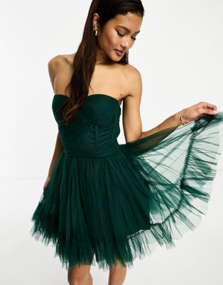 Lace & Beads wrapped corset tulle mini dress in emerald LACE & BEADS