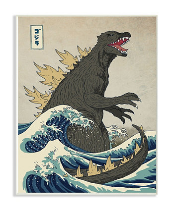 Годзилла в волнах Восточный плакат в стиле плаката Иллюстрация Настенная табличка, 12,5 "Д x 18,5" Stupell Industries