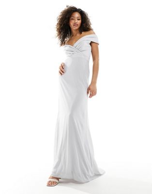 TFNC Bridesmaids bardot fitted maxi dress in silver TFNC