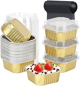 LNYZQUS 5oz Cupcake Mini Cake Pans With Lids 40 Pack, Aluminum Foil Cupcake Cups Brownie Baking Pans,Square Disposable Ramekins Baking Cups,Small Muffin Tin Holders-Black In Gold LNYZQUS