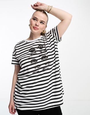 Yours stripe T-shirt with rose print in black and white  Yours