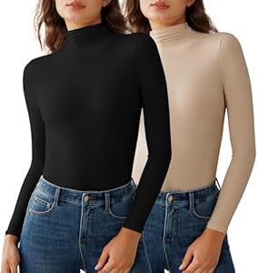 Bonneuitbebe 2 Pack Women's Turtleneck Shirts Long Sleeve Undershirt Slim Fit Stretch Lightweight Base Layer Shirts Bonneuitbebe