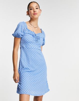 Голубое мини-платье с пышными рукавами и завязками спереди ONLY