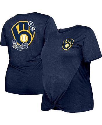 Женская темно-синяя футболка Milwaukee Brewers больших размеров с двумя узлом спереди New Era