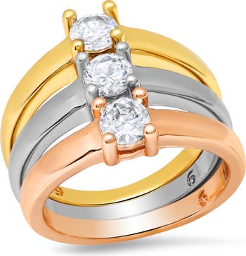 Трехцветное кольцо-пасьянс из стерлингового серебра с имитацией бриллианта - набор из 3 шт. HMY Jewelry