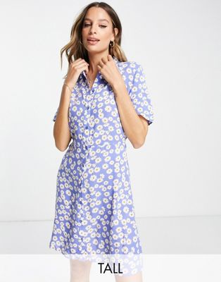 Pieces Tall exclusive mini shirt dress in blue daisy Pieces Tall