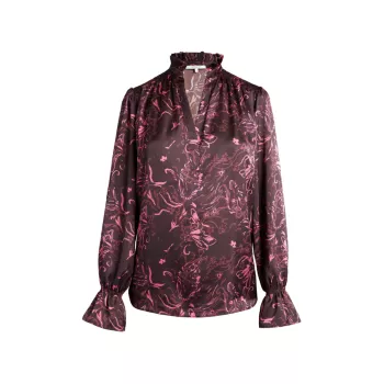 Блуза из шармеза с цветочным принтом и рюшами на воротнике Santorelli