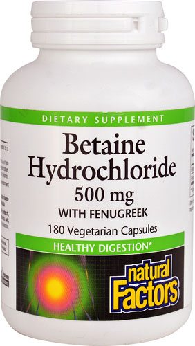 Бетаин Гидрохлорид с Пажитником - 500 мг - 180 вегетарианских капсул - Natural Factors Natural Factors